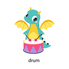 Funny Dragon Character Playing Drum Demonstrating English Verb Vector Illustration
