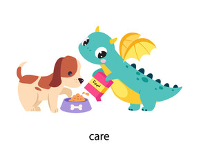 Funny Dragon Character Caring of Dog Pet Demonstrating English Verb Vector Illustration
