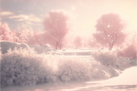 Winter snow landscape in a powder pink world frozen ice