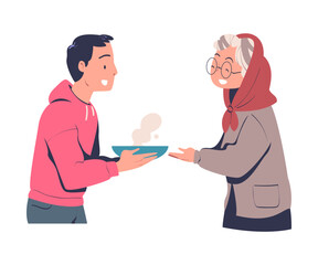 Volunteering with Man Volunteer Giving Senior Woman Hot Soup Vector Illustration