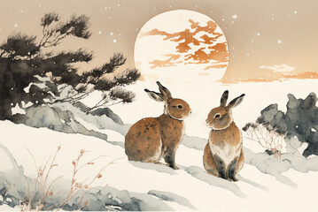 Winter Painting with Eared Rabbits and Watercolor Lunar