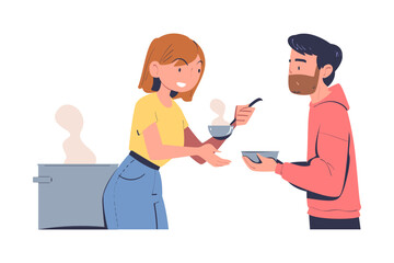 Obraz premium Volunteering with Woman Volunteer Giving Homeless Man Warm Food Vector Illustration