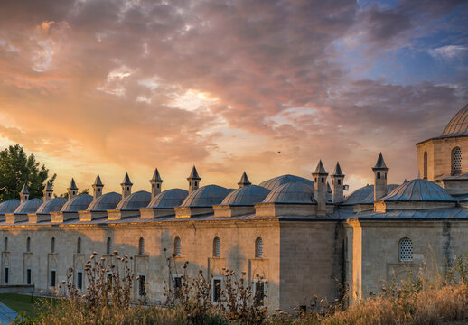 View of Edirne 2.Bayezid kulliye at sunset time with beautiful colorful clouds, kulliye is an islamic school to educate students for imperial positions
