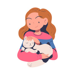 Young Woman Volunteer Caring of Homeless Cat Pet Stroking It Vector Illustration