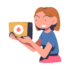 Young Woman Volunteer Holding Cardboard Box with Humanitarian Help for Needy Vector Illustration