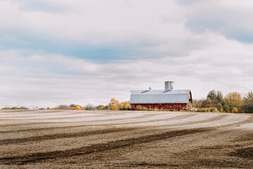 Fototapeta premium Old red farm barn in a field
