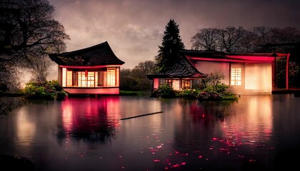 Fototapeta premium Japanese garden with cherry blossom, sakura, houses reflecting in the lake ,made with Generative AI
