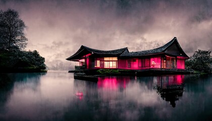 Fototapeta premium Japanese garden with cherry blossom, sakura, houses reflecting in the lake ,made with Generative AI