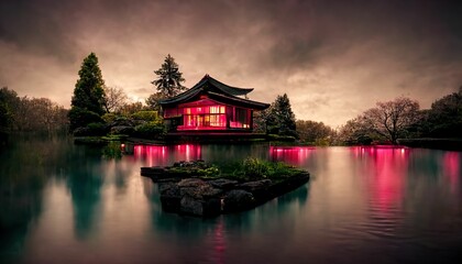 Japanese garden with cherry blossom, sakura, houses reflecting in the lake ,made with Generative AI