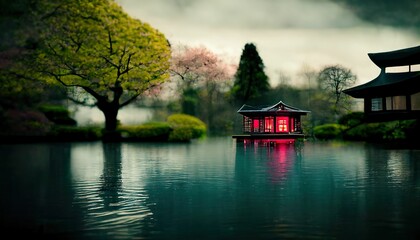 Fototapeta premium Japanese garden with cherry blossom, sakura, houses reflecting in the lake ,made with Generative AI