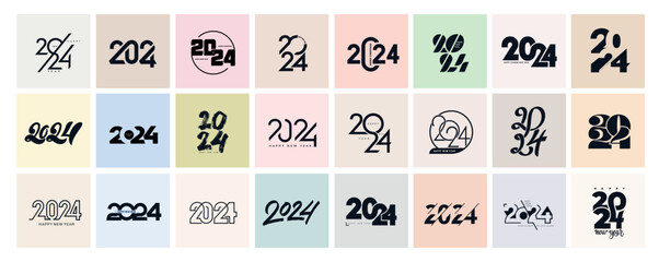 Big Set of 2024 number design template. 2024 Happy New Year logo text design. Christmas collection of 2024 Happy New Year. Vector illustration with black labels logo for diaries, notebooks, calendars. - obrazy, fototapety, plakaty