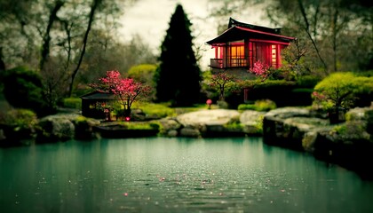 Japanese garden with cherry blossom, sakura, houses reflecting in the lake ,made with Generative AI