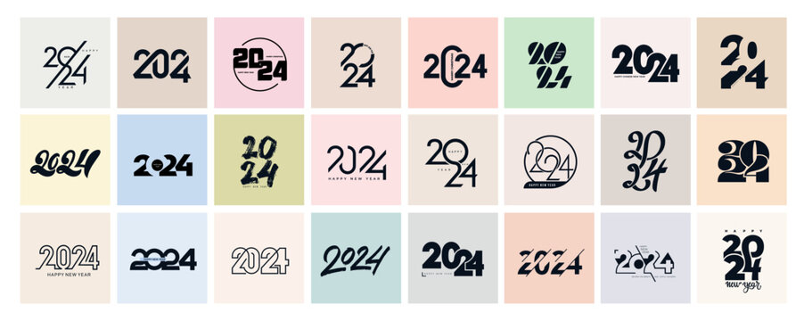 Big Set of 2024 number design template. 2024 Happy New Year logo text design. Christmas collection of 2024 Happy New Year. Vector illustration with black labels logo for diaries, notebooks, calendars.