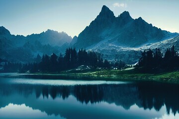 Mountain landscape with lake, snowy peaks, green grass on rocks and trees ,made with Generative AI