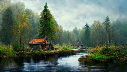 Obraz premium Old dilapidated house with lake, mountain landscape ,made with Generative AI