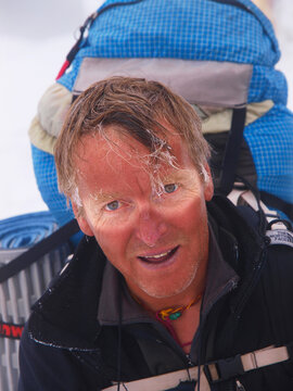 Manaslu mountaineering expedition 2008, Nepal Himalayas: Dutch mountaineer with sunburned face, after returning from the death z