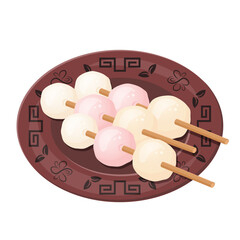 Set of tasty pink and yellow Tsukimi dango. Japanese sweet. Whole rice flour balls. Vector flat drawn illustration for restaurant dishes, menu, poster, flyer, banner, dessert, cooking concept