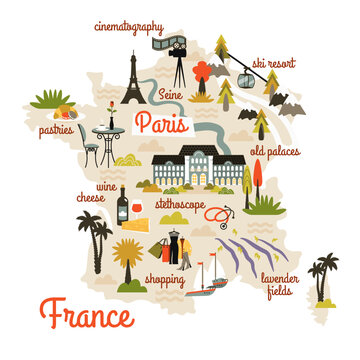 France map hand drawn in cartoon style. Cultural landmarks, national symbols, flora, inventions, tourist attractions, food, text, architectural sights. Vector flat illustration for infographic, poster