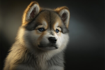 Fototapeta na wymiar Dog portrait, Alaskan Malamute puppy, dramatic light, Ai illustration