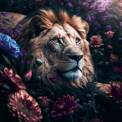 Lion in a bed of flowers