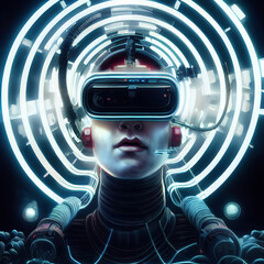 Citizen from the future wearing virtual reality headset. Virtual reality, Augmented reality world simulation ,made with Generative AI