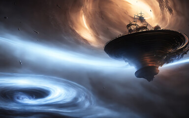 Obraz na płótnie Canvas Generative AI Illustration of spaceship nearing black hole