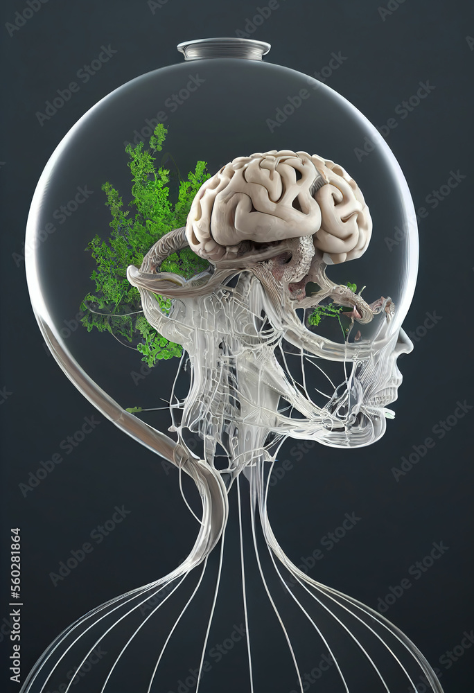 Aufkleber cyber robot head, artificial intelligence brain in a glass body ,made with generative ai