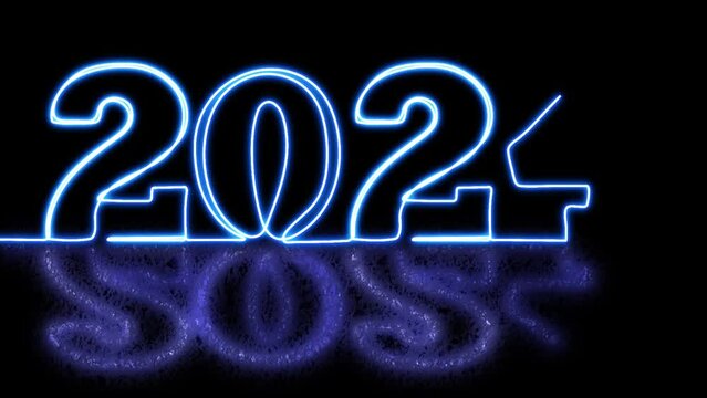 2024 New Year continuous clip, neon flow line numbers video. Disco light, Line art 2024 year animation.