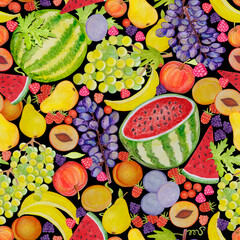 Seamless watercolor pattern with different vegetables on a black background.