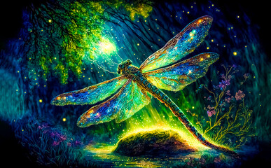 A fluttering dragonfly flies in the night fantastic enchanted forest under the moonlight. Fairy tale concept.