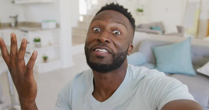 Portrait of happy african american man having video call in living room
