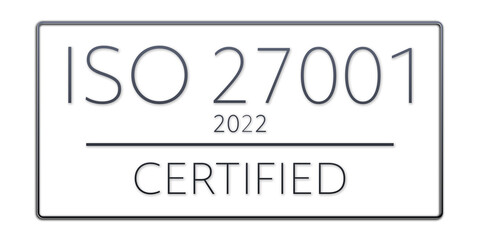 Iso 27001:2022 - standard certificate badge for quality management system. Button isolated on white background
