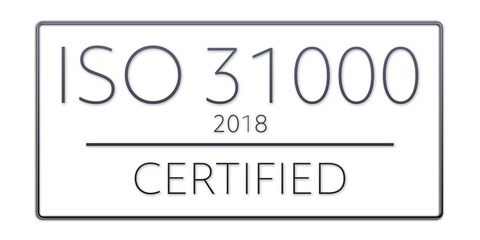 Iso 31000:2018 - standard certificate badge for quality management system. Button isolated on white background