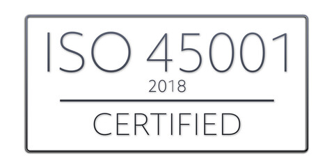 Iso 45001:2018 - standard certificate badge for quality management system. Button isolated on white background