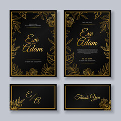 Modern formal wedding invitation template with golden floral element. Elegant and classy wedding invitation