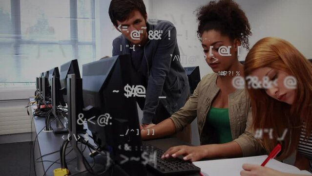 Animation of changing mathematical symbols over team of diverse colleagues working at office