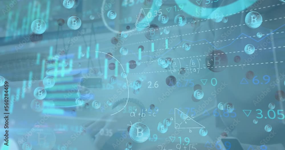 Poster animation of data processing and bitcoins over biracial man using laptop
