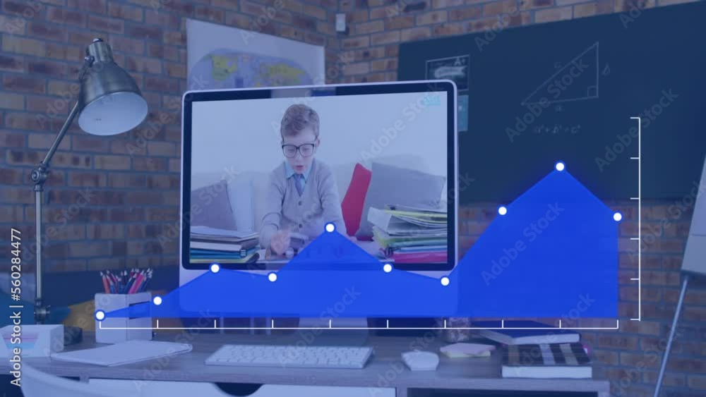 Poster animation of data processing over caucasian boy having video call