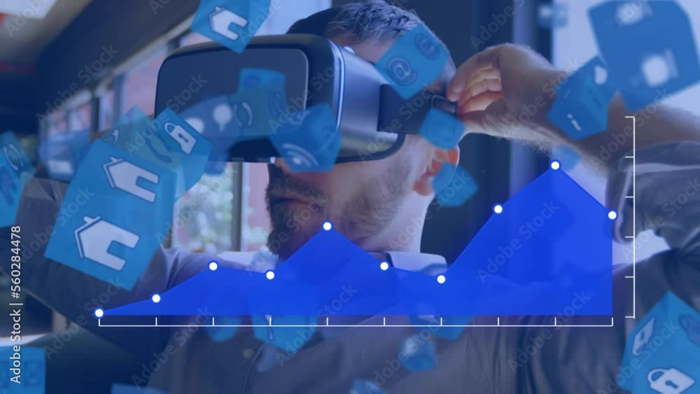 Poster animation of data processing and icons over caucasian businessman using vr headset