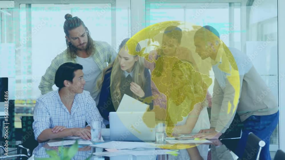 Poster Animation of globe and data processing over diverse business people at office