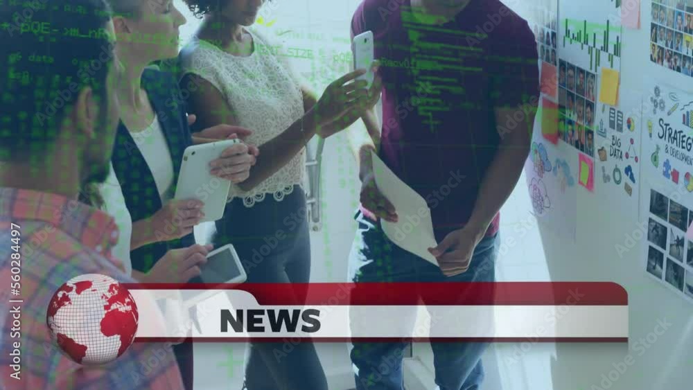 Aufkleber animation of spinning globe with news text banner over diverse colleagues discussing over memo notes