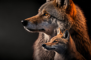 Naklejka na ściany i meble Gray Wolf Mother and Baby Pup, Cute Wolves, Generative AI