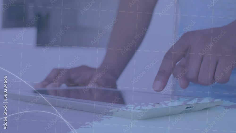 Poster animation of statistical data processing over mid section of man using digital tablet