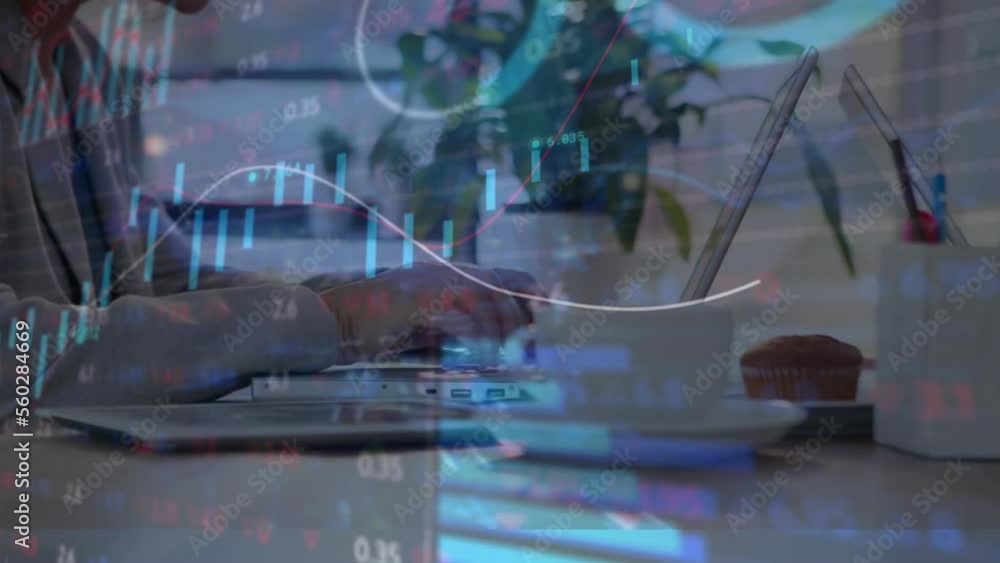 Poster animation of statistical data processing over mid section of men using laptop at office