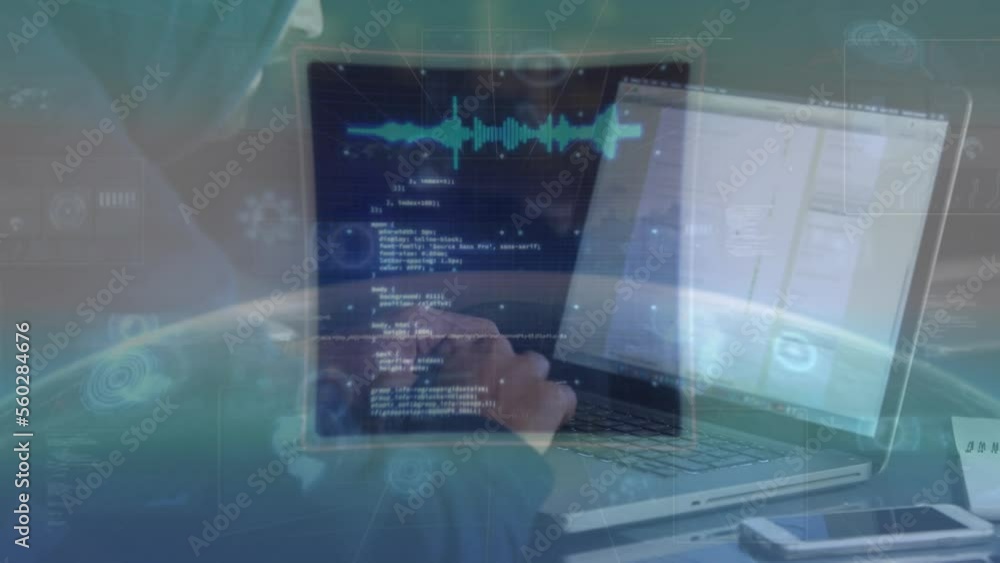 Poster animation of data processing over caucasian man using laptop