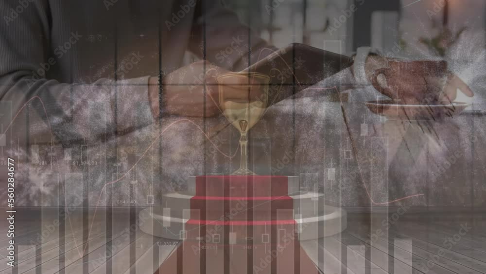 Poster animation of statistical data processing over mid section of man using digital tablet against trophy