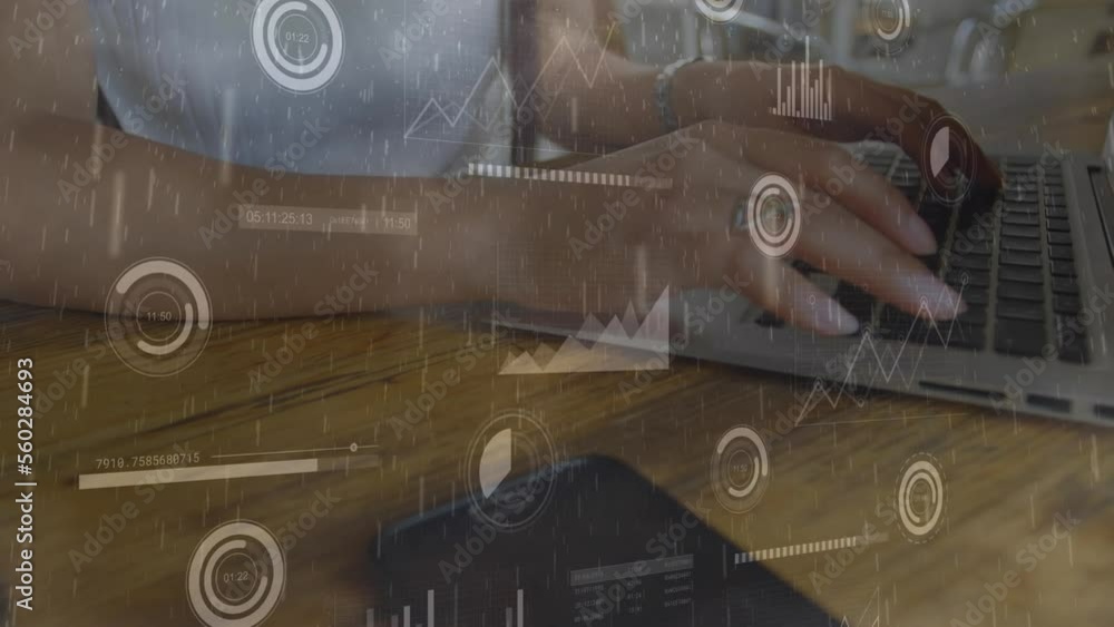 Poster animation of data processing over hands using laptop
