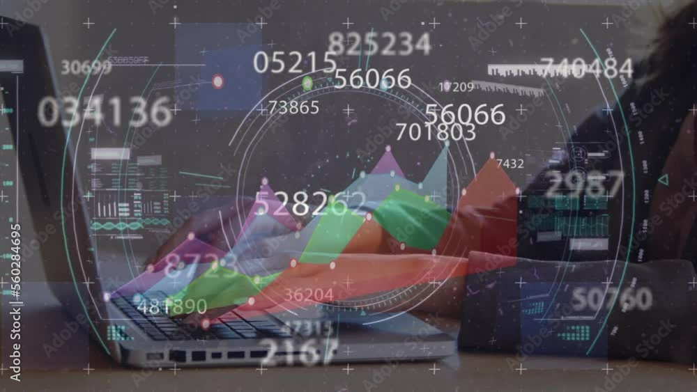 Poster animation of data processing over hands using laptop