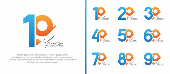 set of anniversary logo style blue and orange color on white background for special moment