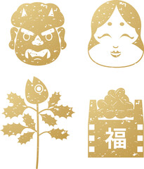 節分の版画　はんこ　スタンプ　豆　お多福　鬼　イラスト素材セット